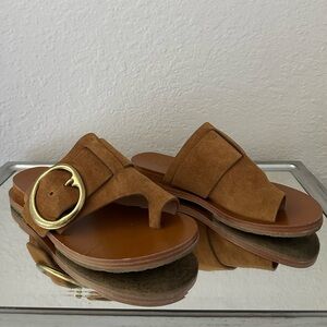 rag & bone Tan Suede Slide Sandals with Gold Buckle